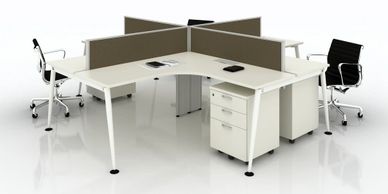 office workstations in Noida with L shape table top angular white legs