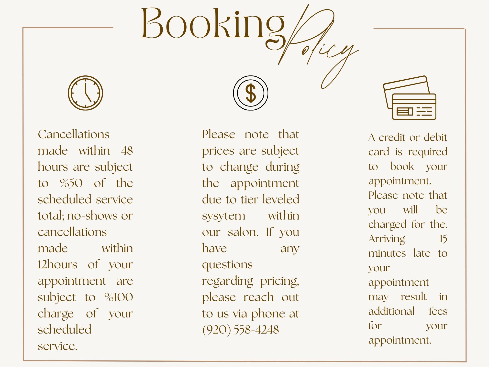 Booking policy details with cancellation, pricing, and payment terms.