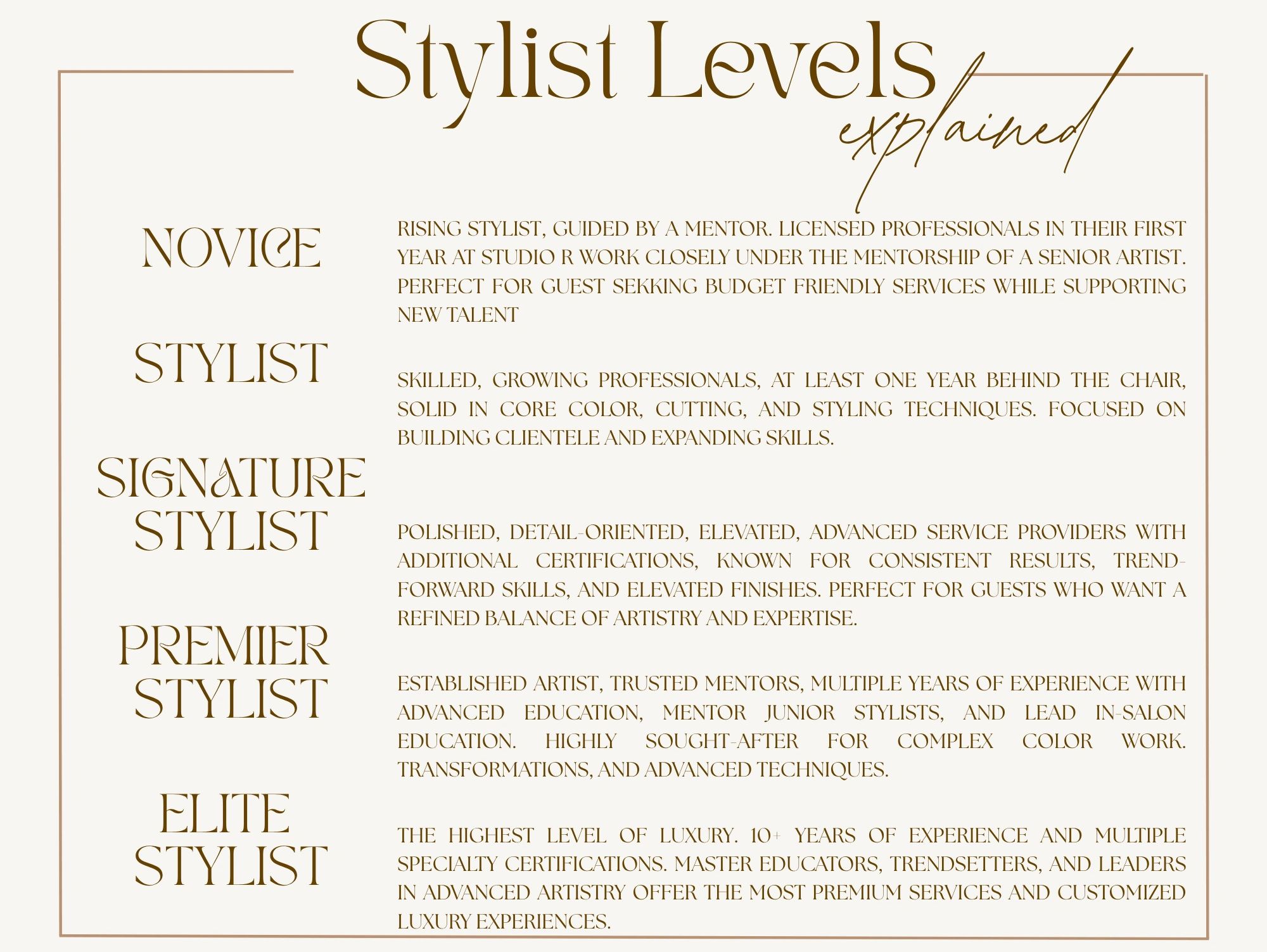 Explanation of stylist levels from novice to elite stylist.