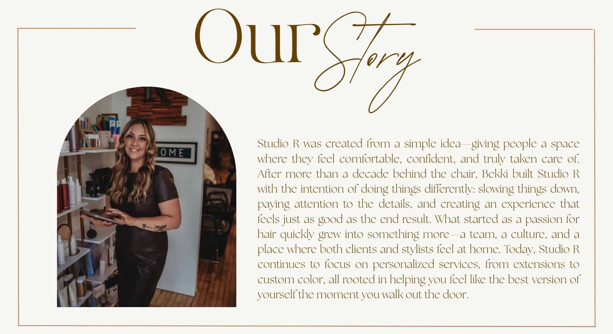 Image describing the story behind Studio R and its founder, Bekki.