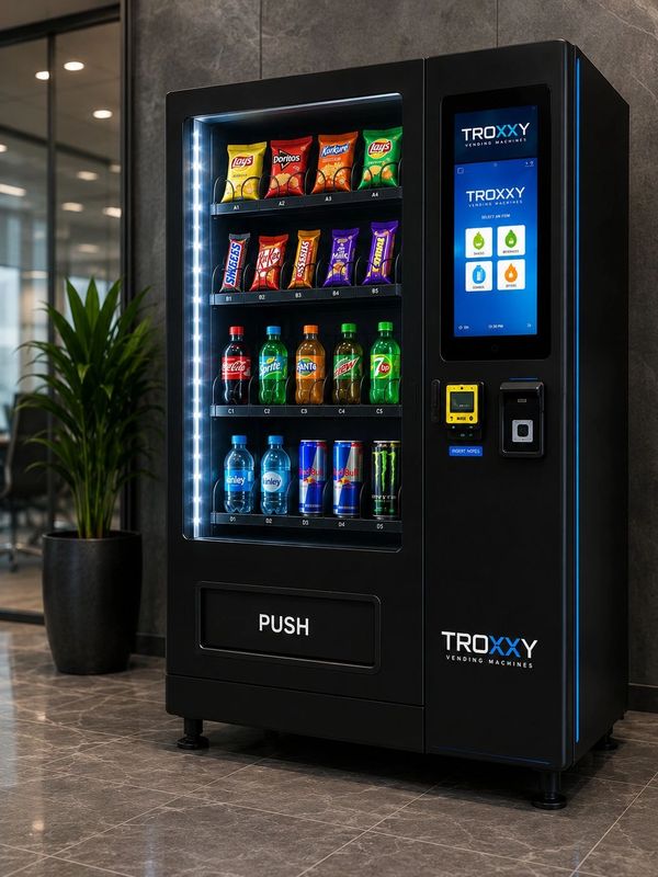 Modern TROXXY vending machine with snacks and drinks in a sleek office setting.