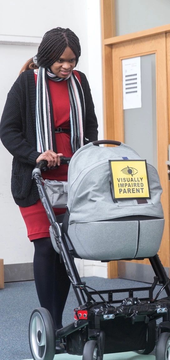 founder of QUACY’s presenting original pushchair designed for visually impaired parents.