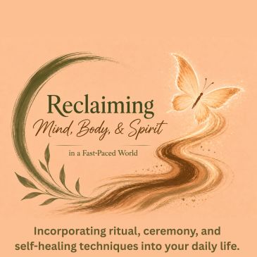 Butterfly with flowing trail beside Reclaiming Mind, Body & Spirit text.
