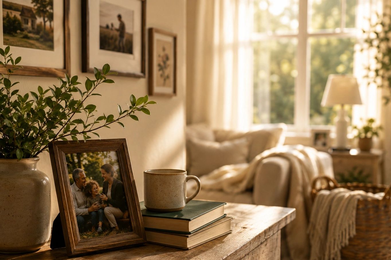 Warm living room with a framed family photograph, representing home and continuity of care.