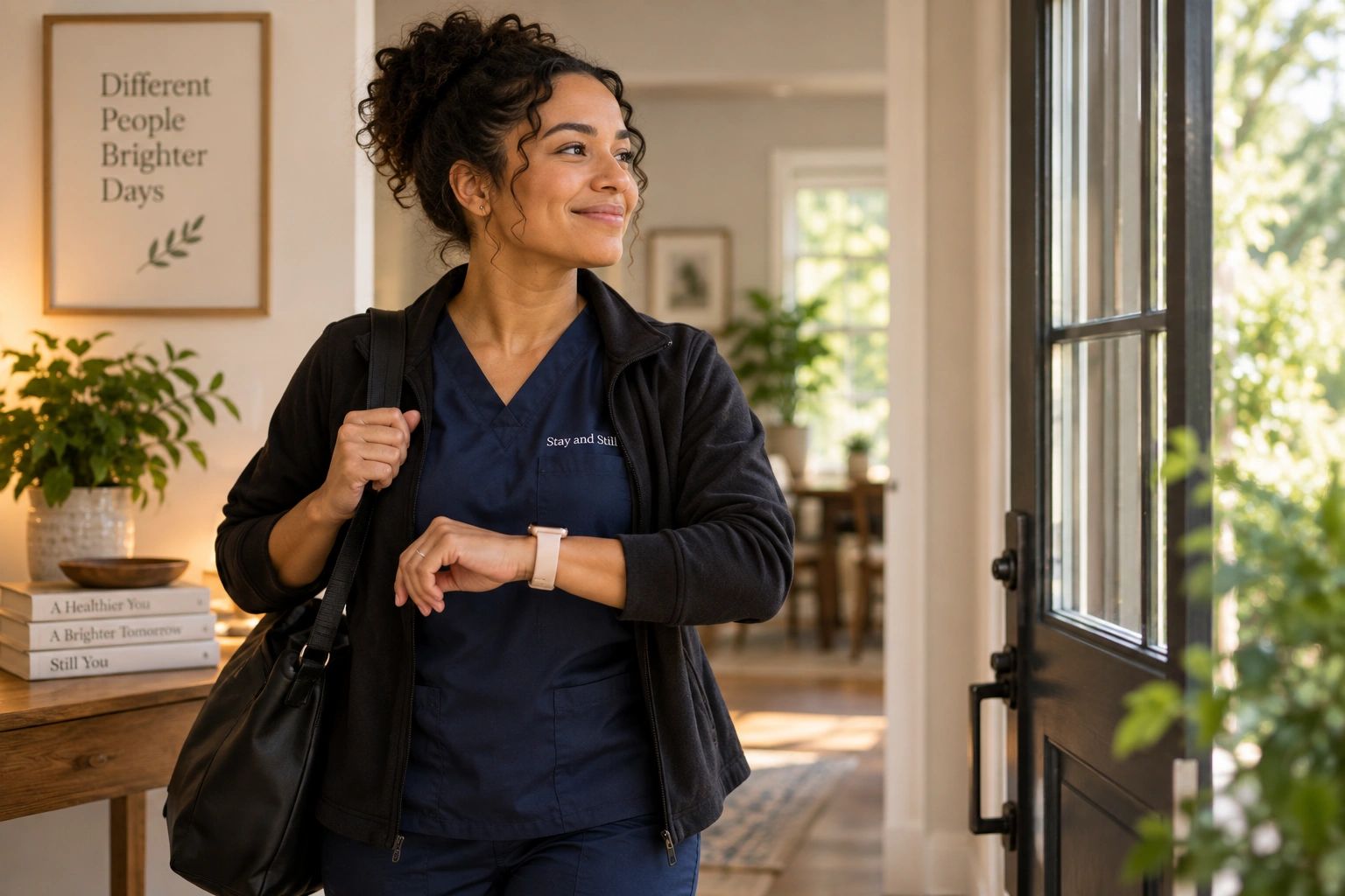 Stay and Still care professional preparing to leave for a home care visit.
