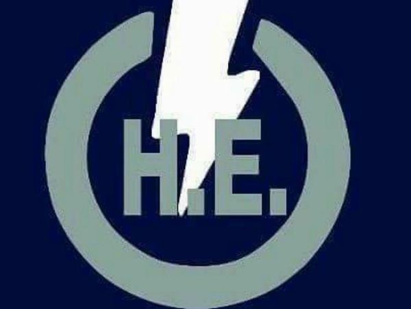Logo with lightning bolt and letters H.E.