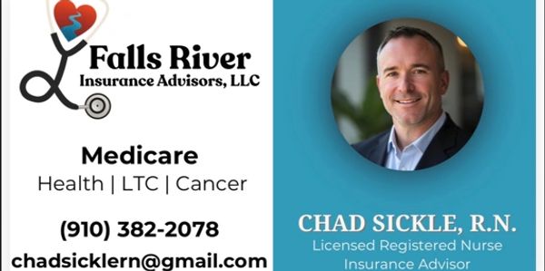 Business card for Falls River Insurance Advisors featuring Chad Sickle, R.N., Medicare insurance advisor.