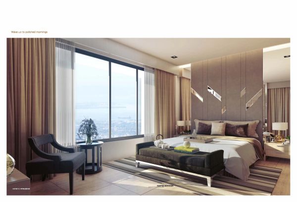 Modern bedroom with large window and elegant decor.