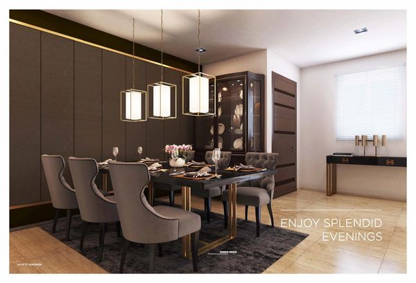 Elegant dining room with modern lighting and neutral tones.