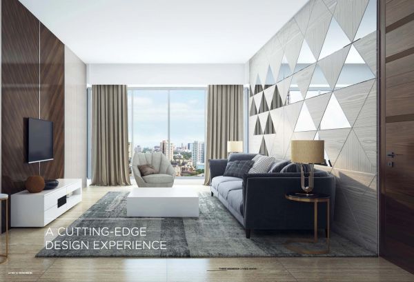 Modern living room with city view.