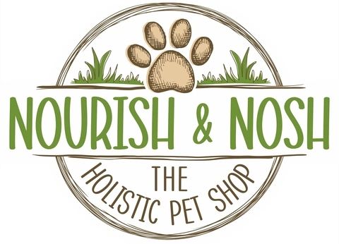 Logo for Nourish & Nosh holistic pet shop with a paw print and greenery.