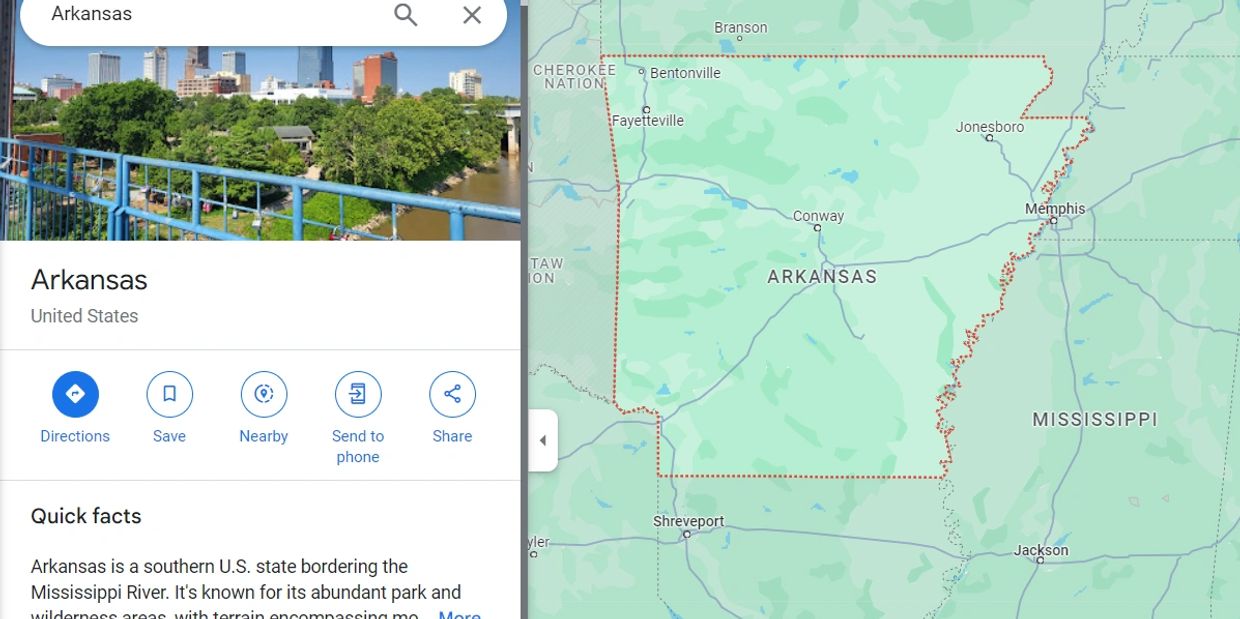 an image showing the map of Arkansas from Google