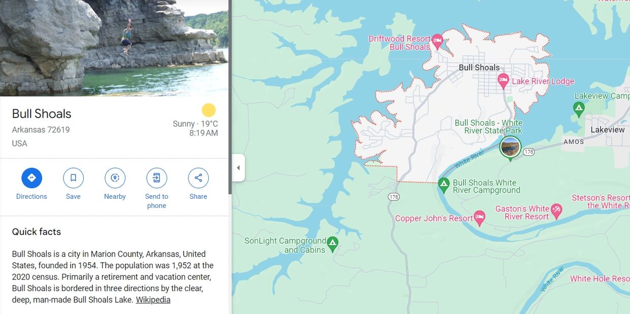 an image of Bull Shoals Arkansas Map from Google