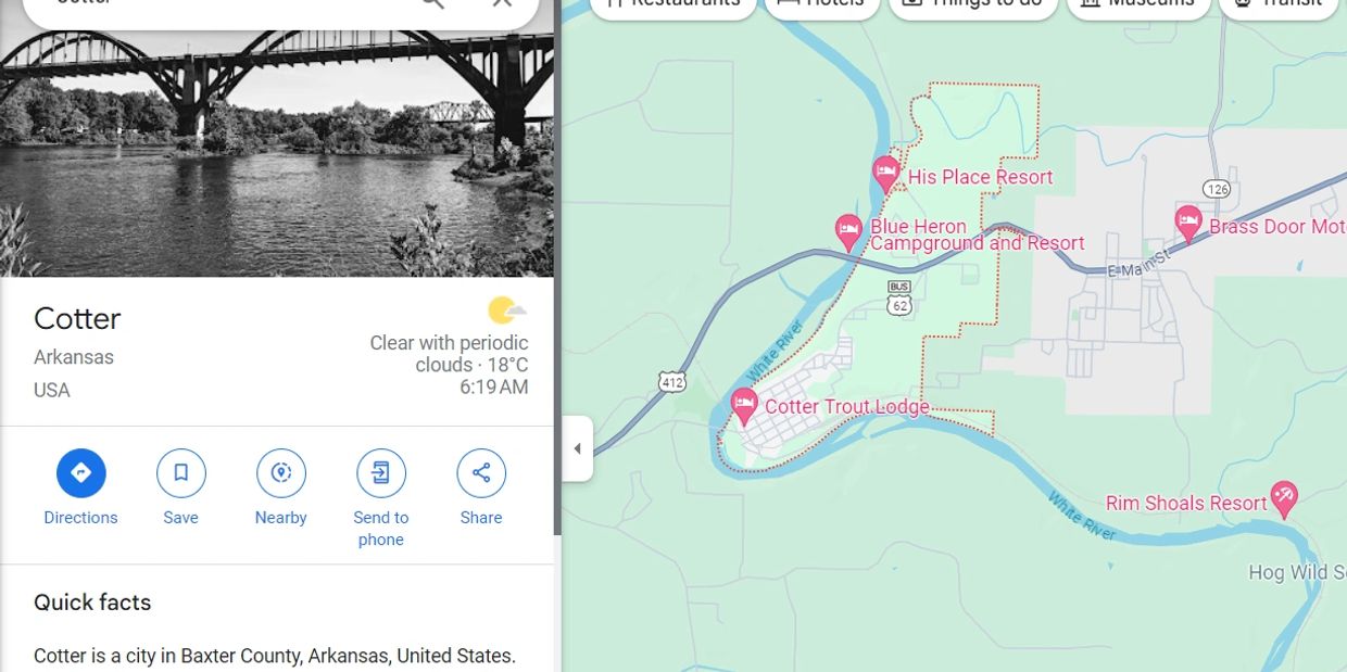an image of Cotter Arkansas Map from Google