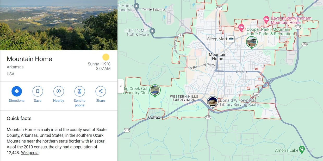 an image of Mountain Home Arkansas Map from Google