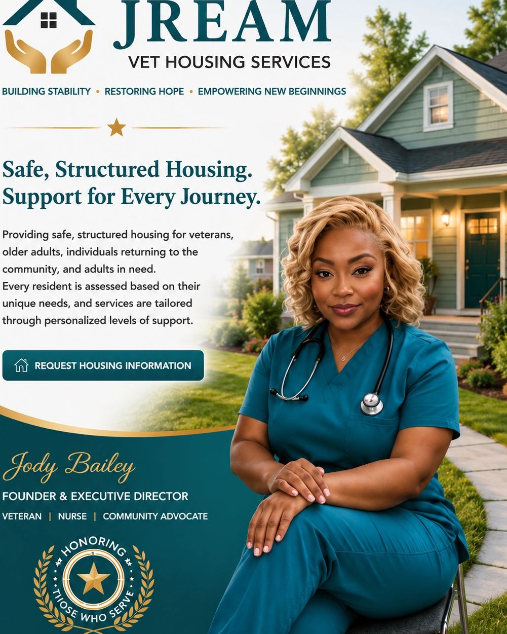Jody Bailey promotes veteran housing services in front of a house.