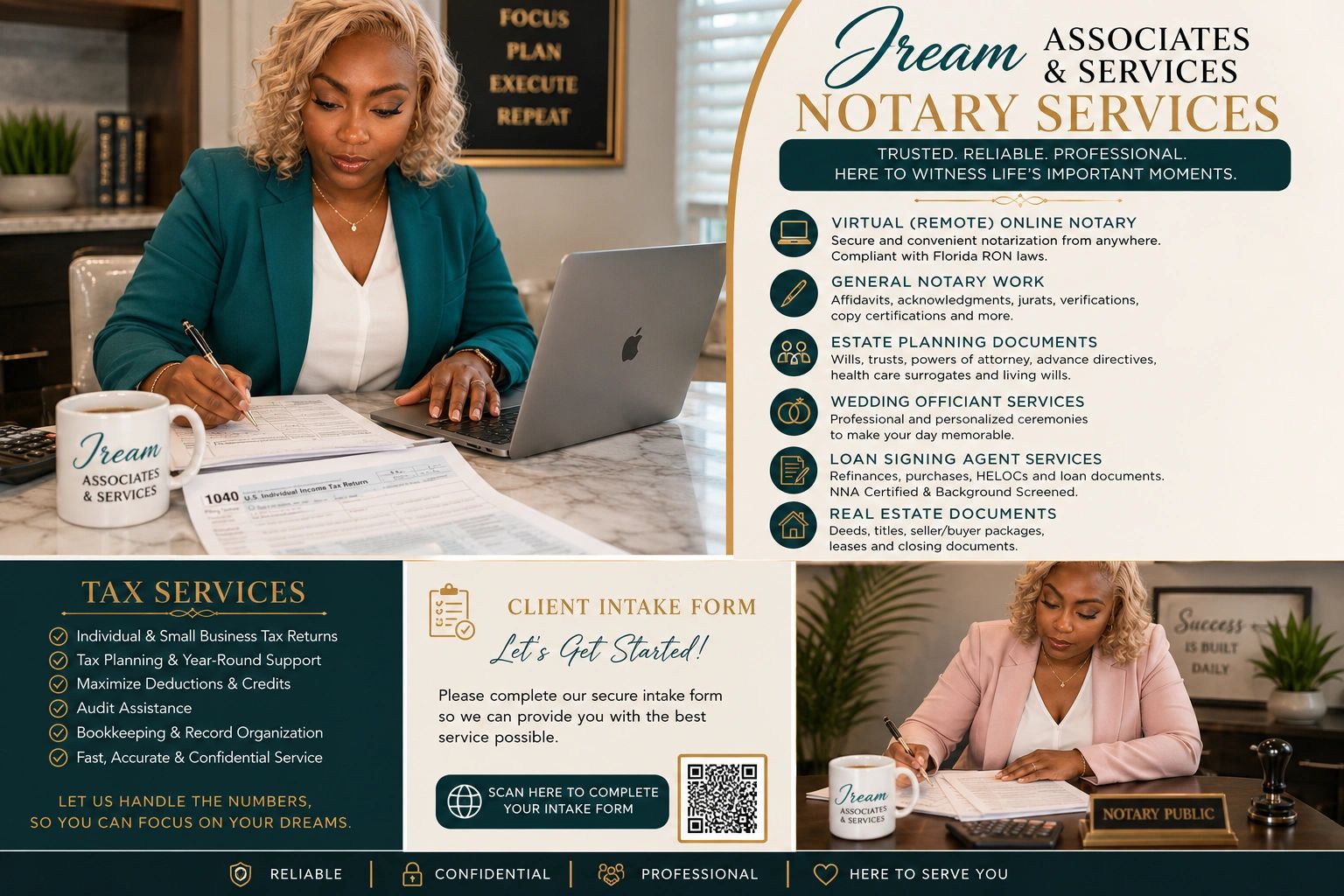 Professional notary and tax services advertisement featuring a woman working at a desk.