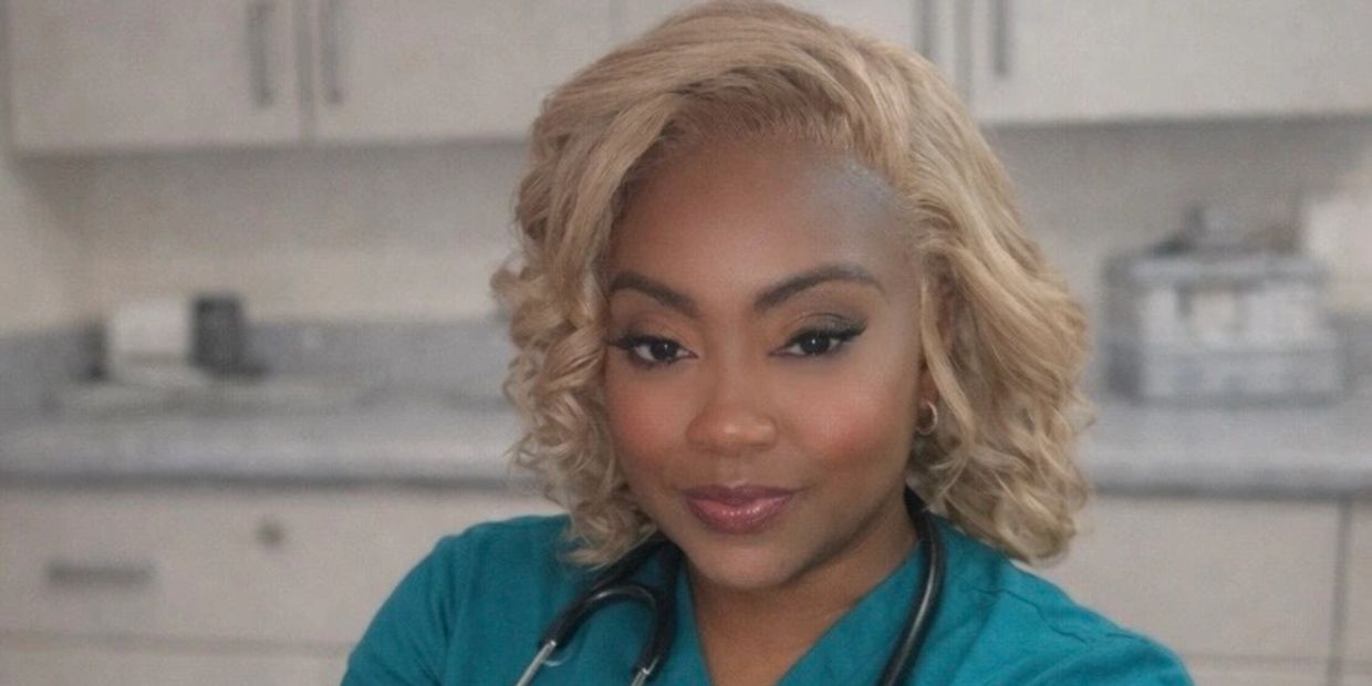 Confident healthcare professional with blonde curls and teal scrubs.