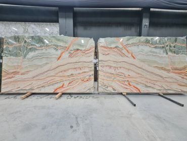 Turkish Rainbow Onyx slab with exceptional translucent beauty for backlit feature walls.