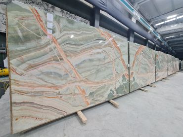 Export quality Turkish Rainbow Onyx slab with unique multicolor crystalline formations.