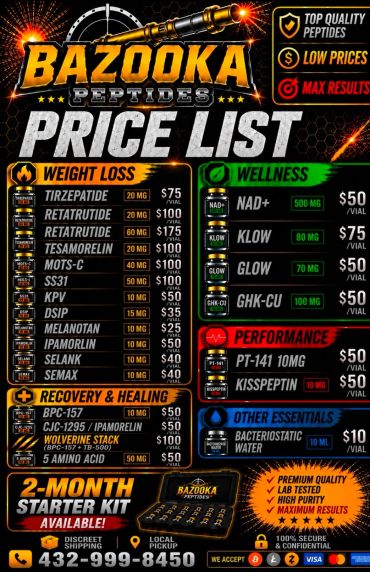 Bazooka Peptides price list for weight loss, wellness, performance, and recovery.