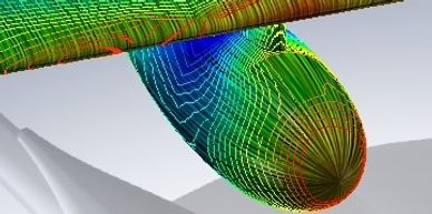 3D visualization of airflow patterns around an object, showcasing color-coded velocity fields.