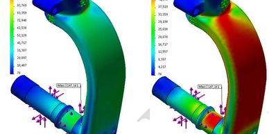 Image shows a colored stress analysis of a mechanical component.