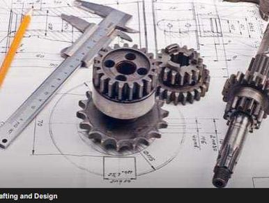 Gears and engineering blueprints; drafting and design process