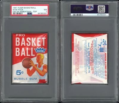 Un-opened 1961 Fleer Basketball pack PSA 7 with Oscar Robertson on top.