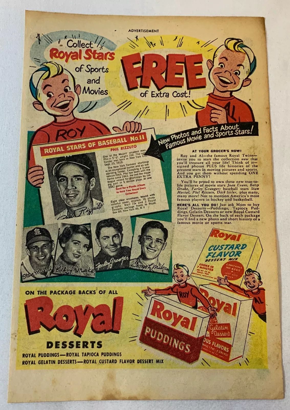 Comic book ad for Royal Desserts including George Mikan image.