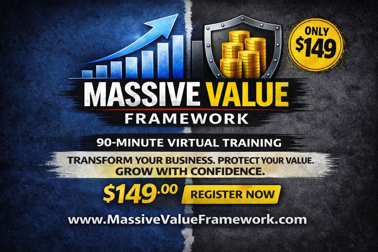 Advertisement for a $149 Massive Value Framework virtual training.