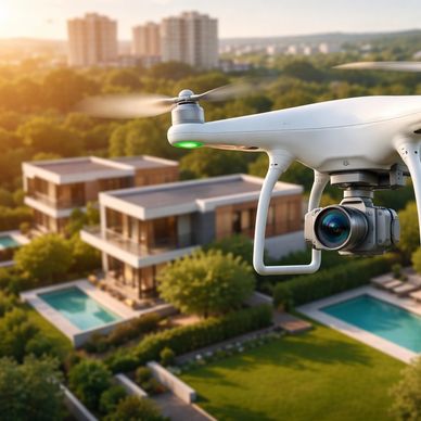 A drone flying over modern houses with swimming pools at sunset.