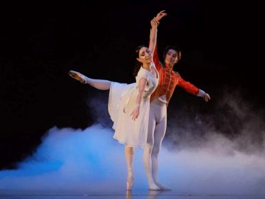 Two ballet dancers perform an elegant duet on stage with mist.