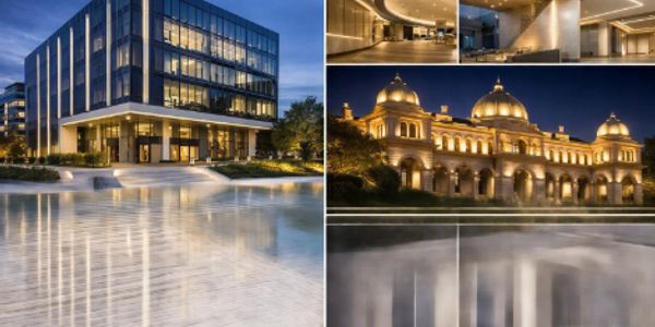 Collage of modern and classic building architectures at night.