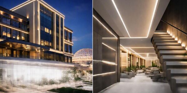 Modern building exterior and stylish interior with lighting.