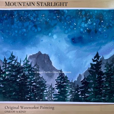 Original watercolor mountain landscape with a star-filled night sky and dark evergreen trees.