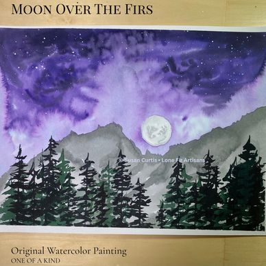 Original watercolor night landscape with a full moon, purple sky, distant mountains and evergreen trees.