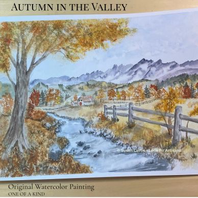 Original watercolor autumn landscape with a winding creek, colorful trees, rustic fence and distant mountains.