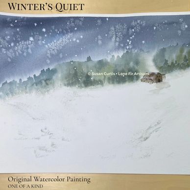 Original watercolor winter landscape with falling snow, evergreen trees and a small cabin.