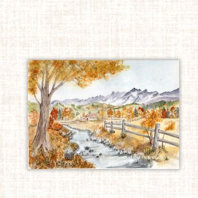 Original watercolor painting of an autumn landscape with mountains, a winding creek, rustic fence, and colorful fall trees.