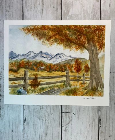 Painting of an autumn landscape with trees, fence, and mountains.