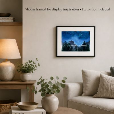 Mountain Starlight original watercolor painting displayed as framed mountain landscape wall art in a cozy living room.