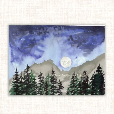 Original watercolor painting of a full moon over distant mountains and dark evergreen trees beneath a purple night sky.