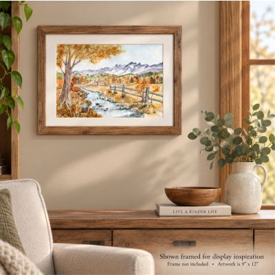 Framed original watercolor painting of an autumn landscape with mountains, a winding creek, rustic fence, and colorful fall trees.