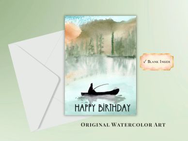 Watercolor birthday card with fishing scene.