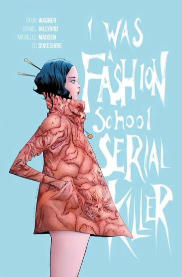 Stylish illustration of a woman with blue hair in a patterned coat, bold text beside her.