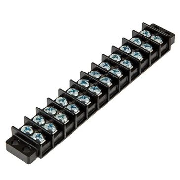 Black electrical terminal block with multiple screw connectors.