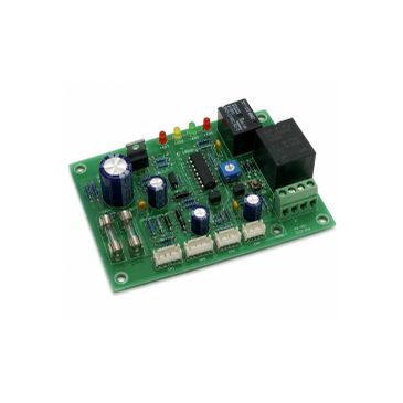 Electronic circuit board with capacitors, resistors, and relays.