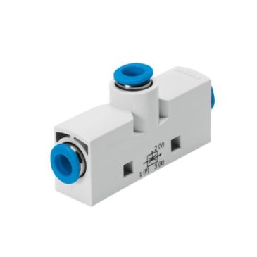 White pneumatic flow control valve with blue fittings.