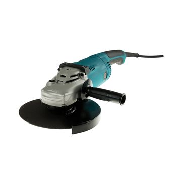 Electric angle grinder with a black protective guard and side handle.